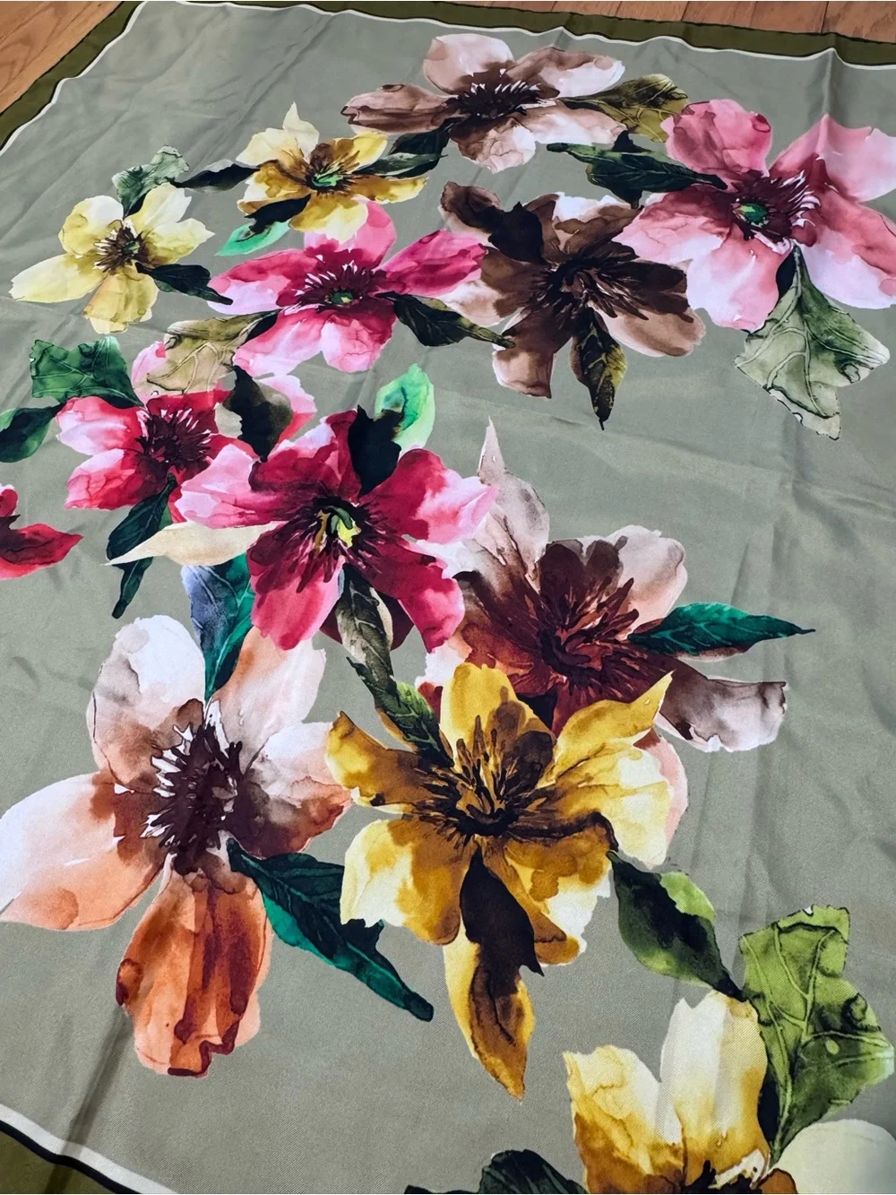 Armine 100% Silk Floral Square Scarf Sage Green Watercolor Flowers Turkey